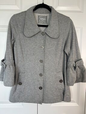 Gray Button-Front Pea Coat with Rolled Tab Sleeves